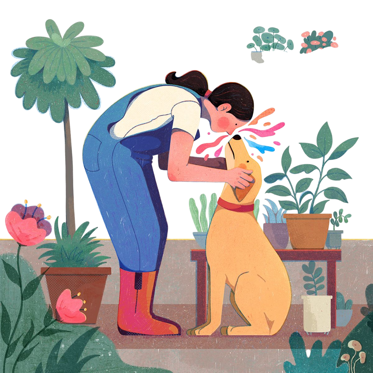 Illustration of a person lovingly holding a puppy surrounded by plants